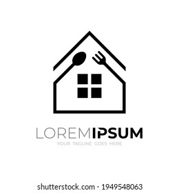 Logotipo de casa simple con diseño de cubiertos vectores, logotipo de estilo de línea