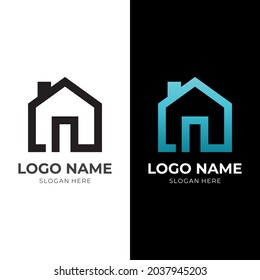 simple house logo design with flat black and blue color style