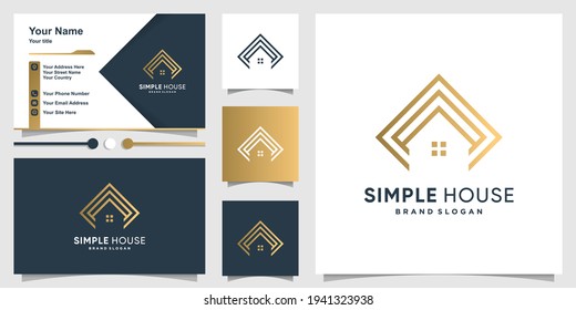 Simple house logo with golden line art style and business card design Premium Vector