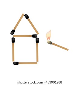 simple house made of matches and burning match trying ignite roof eps10