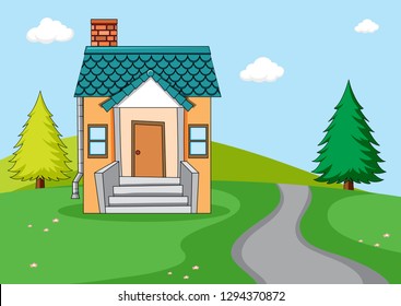 Una casa simple en la ilustración de fondo de la naturaleza