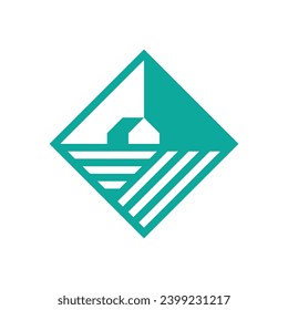 simple house on a field and behind the mountain logo vector