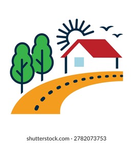 A simple house on a hill with trees, sun, and birds flying overhead, a serene landscape