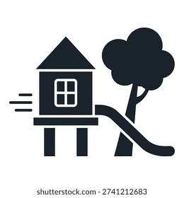 Simple house on stilts with tree and wind motion lines nearby icon