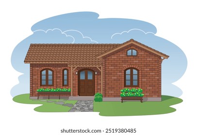 A Simple House with Orange Brick Wall, Brown Door and Windows, vector illustration isolated, eps