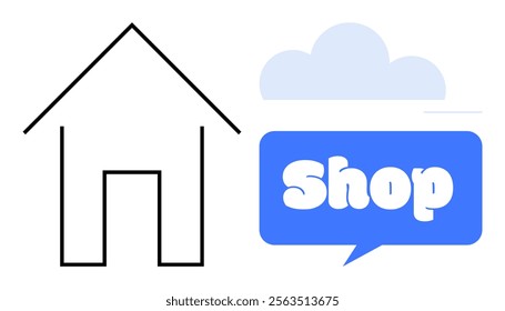 Simple house outline and speech bubble with the word shop. Ideal for online shopping, e-commerce, retail, real estate, and advertising themes. Minimalist vector illustration in blue, black, and white