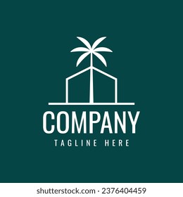 simple house real estate with a palm tree tropical island logo design