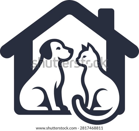 A simple house shape containing a seated dog and a cat facing one another. This composition is designed to represent pet care adoption and home environments.