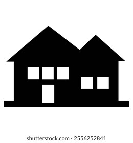 Simple house silhouette, black and white, minimalist design, architectural icon, graphic illustration, stark contrast, basic shapes, clean lines, two-dimensional, symbolic representation, vector 