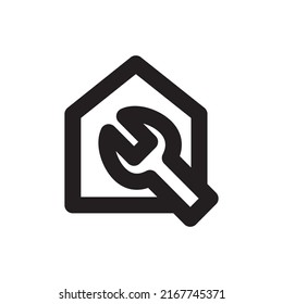 Simple house and spanner icon, Vector outline icon on white background.