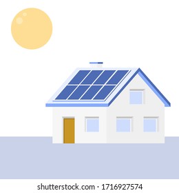 Simple House With A Sun And Solar Panels On The Roof. Blue, White And Yellow Minimalistic Illustration.