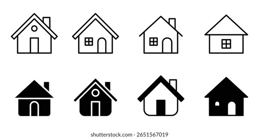 
Símbolos de casa simples. Ícone da página inicial da Web definido para sites e aplicativos. Ícones de vetor da casa. Conjunto de símbolos de casas pretas