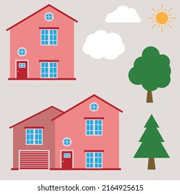 Simple house with tree, cloud, and sun. Editable vector. 