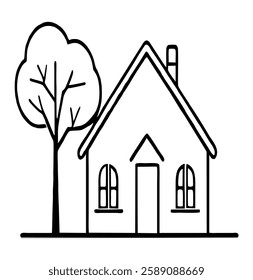 Simple house with tree and flowers illustration