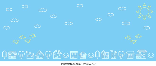 simple house and tree - lateral length and line drawing - sky and bird
