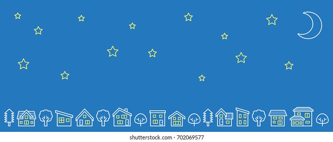 simple house and tree - lateral length and line drawing - stars and moon