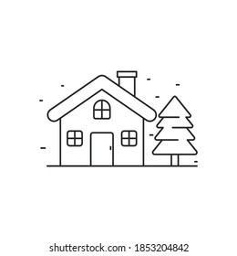 Simple house with tree line art vector illustration isolated on white background. House line icon 