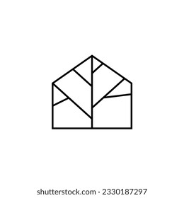 logotipo de estilo de arte de la casa simple y de la línea de árbol