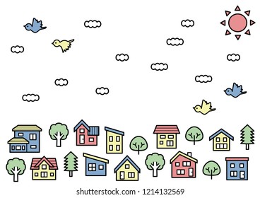 simple house and tree - line drawing and color - sky and bird