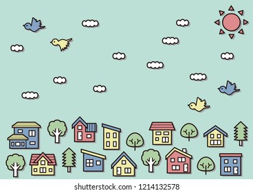 simple house and tree - line drawing and color plus background - sky and bird