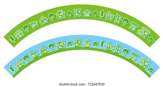 simple house and tree - line drawing and arch ornament -