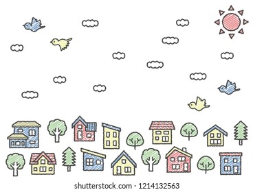 simple house and tree - rough line drawing and scribble color - sky and bird