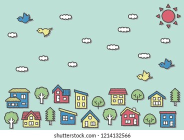simple house and tree - rough line drawing and scribble color plus background - sky and bird