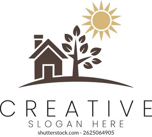 Simple house tree sun logo design perfect for real estate or nature businesses brown home icon