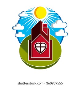 Simple house vector illustration, beautiful picture. Family harmony at home, love and relationship idea. Building facade with heart symbol. 