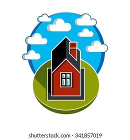 Simple house vector illustration, countryside idea. Abstract image of building over beautiful landscape with blue sky and fluffy clouds. Real estate theme.