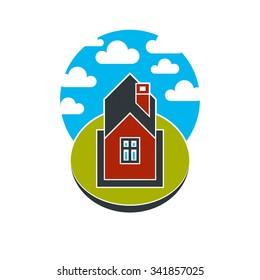 Simple house vector illustration, countryside idea. Abstract image of building over beautiful landscape with blue sky and fluffy clouds. Real estate theme.