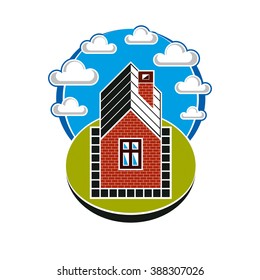 Simple house vector illustration, countryside idea. Abstract image of building over beautiful landscape with blue sky and fluffy clouds. Real estate theme.