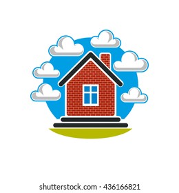 Simple house vector illustration, countryside idea. Abstract image of a building over beautiful landscape with blue sky and fluffy clouds. Real estate theme.