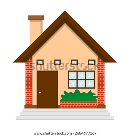 Simple House Vector Illustration, Cute Home with Roof, Chimney, Door, Window and Garden Isolated on White Background