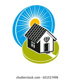 Simple house vector illustration with a pathway leading to it. Family harmony at home, love and relationship idea. Building with a heart symbol. Fairy picture.