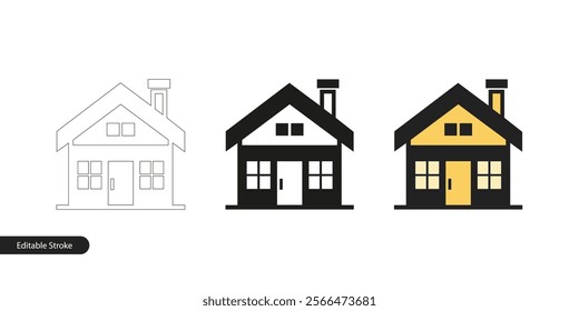 Simple House Vector Illustration in Three Styles: Editable Stroke Outline, Silhouette and Clipart