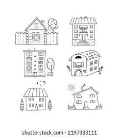 Simple houses doodle set. A collection of black and white urban and rural houses isolated on a white background in a hand-painted style
