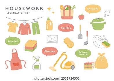
Ilustração simples da casa e conjunto de ícones.
Há ilustrações relacionadas ao dia a dia, como cozinhar, lavar, limpar, fazer compras, lavar roupa, aspirador de pó, tarefas domésticas, etc.