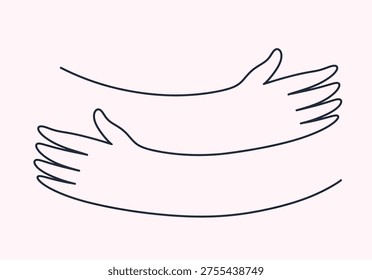 Simple hugging arms outline logo. Black and white hand drawn line art of warm embrace symbol. Cute minimal cartoon style vector of caring hug, friendship, love and support concept. Clean graphic icon.