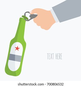 simple human hand of man or male opens with opener beer bottle flat design style on background cartoon with space for text and writ. manliness vector. alcoholic businessman in party. alcohol isolated 