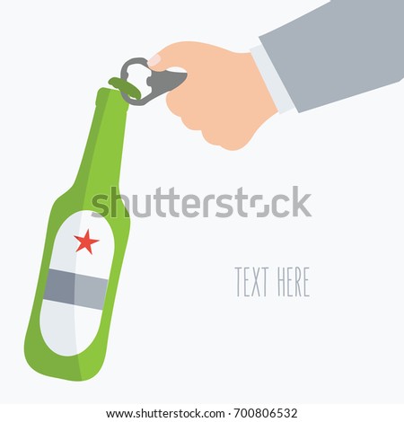 simple human hand of man or male opens with opener beer bottle flat design style on background cartoon with space for text and writ. manliness vector. alcoholic businessman in party. alcohol isolated 