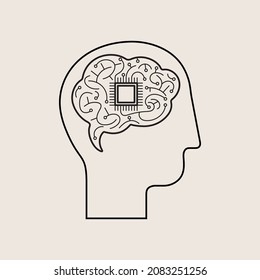 Simple human head with computer chip or microprocessor. Concept of Artificial Intelligence. Line design icon, editable strokes, vector illustration, EPS 10