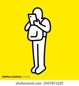 Simple human icon series, person holding a backpack and looking at a smartphone