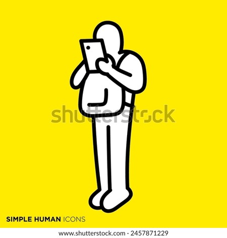 Simple human icon series, person holding a backpack and looking at a smartphone