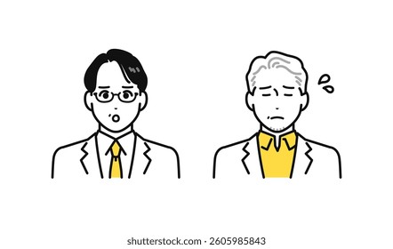 Simple human icon set of middle and senior aged men in white coats in need