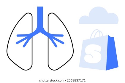 Simple human lungs outlined in black with a blue bronchial tree next to a blue shopping bag and a light blue cloud. Ideal for health, medical education, anatomy, commerce, and respiratory themes