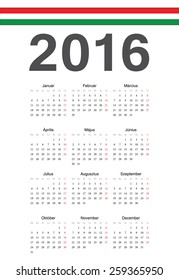 Simple Hungarian 2016 year vector calendar. Week starts from Mondays.