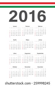 Simple Hungarian 2016 year vector calendar. Week starts from Sunday.