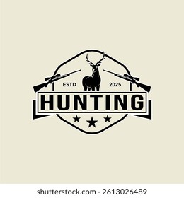 simple hunting logo design vector badge illustration with deer and air rifle icon