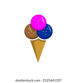 Simple ice cream with 3 flavors represented through the colors pink, brown and blue using one ice cream cone. 